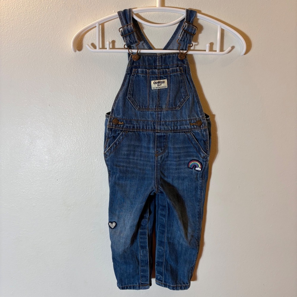 OshKosh B'Gosh Girls Blue Denim Rainbow Heart Embroidered Overalls 12-18M